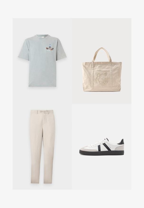 Camiseta de algodón de color azul claro con manga corta y cuello redondo, que presenta un diseño gráfico de una persona paseando perros en la parte frontal.; Pantalones tapered ligeros en color beige con cintura ajustable, frontales lisos y mínimas arrugas. Presentan pasadores para cinturón y bolsillos laterales.; Zapatilla blanca con acentos en negro y gris, que presenta una puntera texturizada en gris, suela de goma negra y cordones planos blancos. Diseño limpio, estilo minimalista.; Bolsa tote de lona beige con asas dobles y un diseño en relieve de la cabeza de un lobo en el bolsillo frontal.