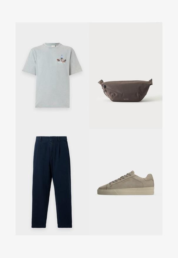 Lyseblå bomulds t-shirt med korte ærmer og rund hals, med et grafisk design af en person, der går med hunde på fronten.; CLOSED BLOMBERG - Baggy jeans - dark blue; Beige ruskind lavtopsneaker med tonale snørebånd, cremefarvet gummisål og "FILLING PIECES" præget på sidepanelet.; Mørkebrun stof talje taske med diagonalt lynlåslomme og lille hvidt logo på fronten, sat mod en ensfarvet lys baggrund.