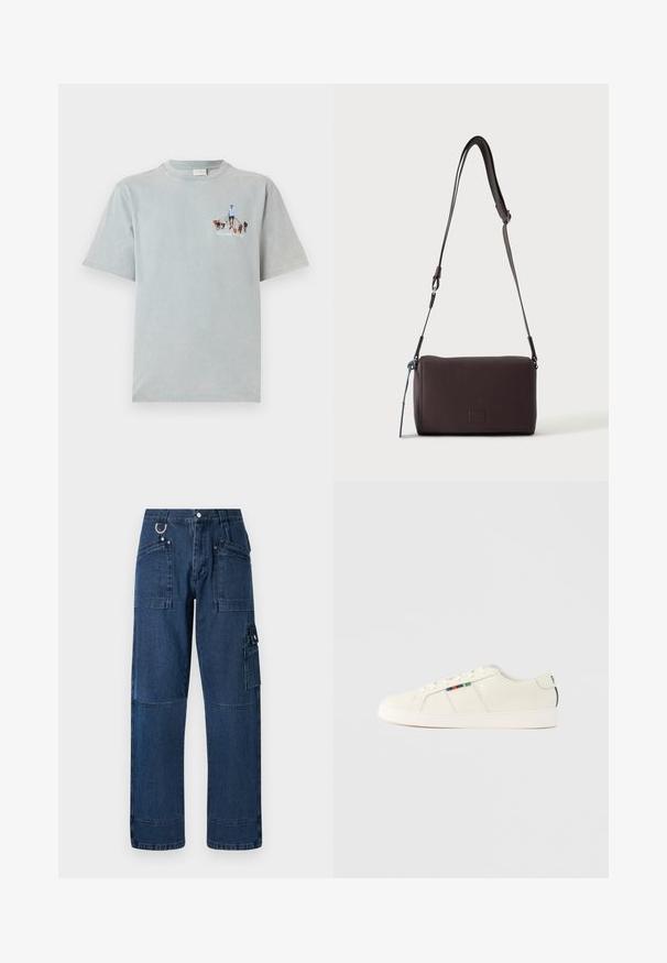 Helles blaues Baumwoll-T-Shirt mit kurzen Ärmeln und Rundhalsausschnitt, das auf der Vorderseite ein grafisches Design einer Person zeigt, die Hunde spazieren führt.; Dunkelblaue Denim-Cargo-Hosen mit geradem Schnitt, ausgestattet mit mehreren Taschen, metallischen Beschlägen und Kontrastnähten.; Hellbeige Sneaker mit glatter Textur, Schnürdesign und buntem gestreiftem Akzent an der Seite. Weiße Gummisohle. Schlichter Rücken.; Dunkelbraune, strukturierte Leder-Crossbody-Tasche mit verstellbarem Riemen und kleinem dekorativen blauen Akzent an der Seite.