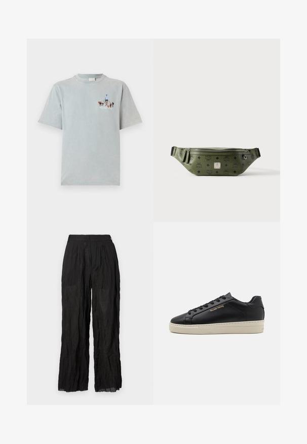 Lyseblå bomulds t-shirt med korte ærmer og rund hals, med et grafisk design af en person, der går med hunde på fronten.; Sorte linned brede bukser med en struktureret overflade. Har en elastisk talje og diskrete folder.; Sorte lædersneakers med en glat finish, kontrasterende cremefarvet sål, rund tå, guld logo på siden og seks huller til snørebånd.; Olivengrøn tekstureret læder talletaske med sorte logoer, sølv lynlås, dobbelt lynlåstræk og central sølv brandplade.