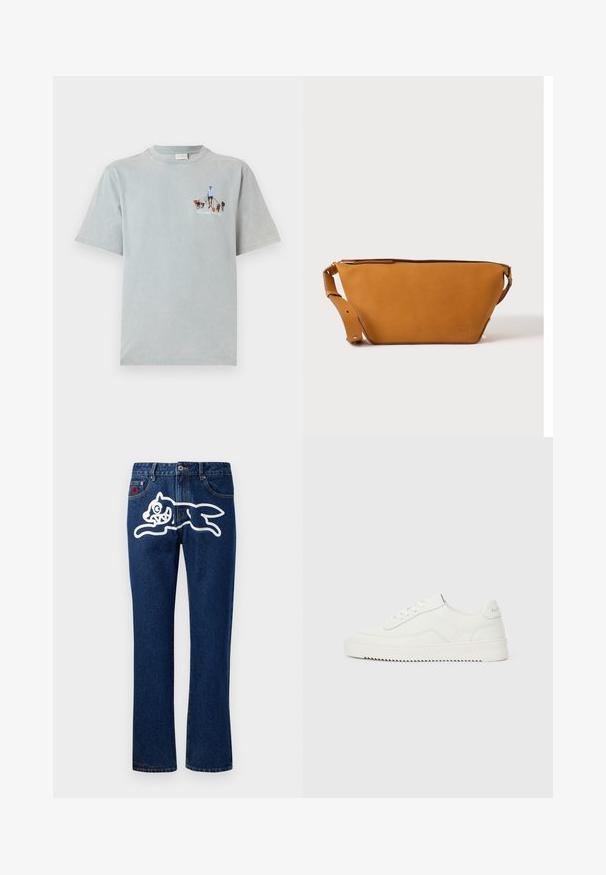 Lichtblauwe katoenen T-shirt met korte mouwen en een ronde hals, met een grafisch ontwerp van een persoon die honden uitlaat op de voorkant.; Blauwe denim jeans met rechte benen, met een grote witte afbeelding van een springend wezen op de achterzak. Standaard vijfzakendesign.; Lage witte leren sneaker met vetersluiting, gestructureerd hielstuk en licht geribde witte rubberen zool op een effen lichte achtergrond.; Lichtbruine leren crossbodytas met verstelbare band en ritssluiting, getoond tegen een effen lichte achtergrond.