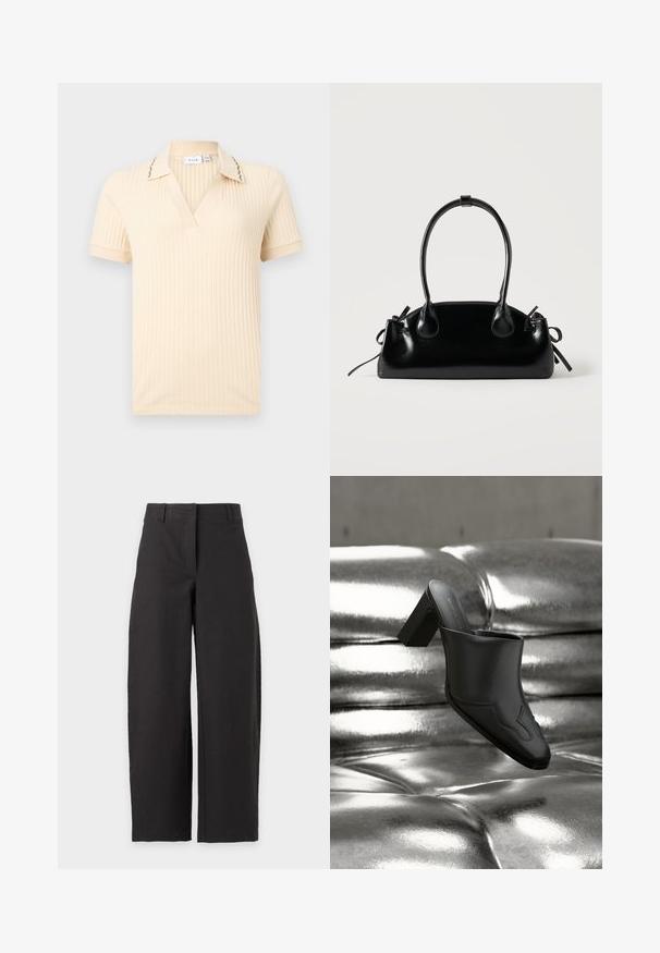 Chemise crème à manches courtes en tricot côtelé avec un col en V, un col comportant des coutures décoratives subtiles et des manches retroussées.; Pantalon noir à jambes larges avec taille haute et passants de ceinture, présenté sur fond blanc.; Mule en cuir noir avec talon bloc reposant sur une surface argentée brillante capitonnée, mettant en valeur son design élégant et ses détails incurvés.; Petit sac à main noir brillant avec deux longues anses et des détails à cordon sur les côtés sur un fond clair uni.