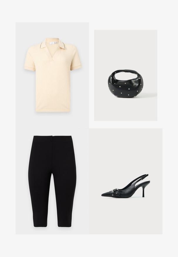 Chemise crème à manches courtes en tricot côtelé avec un col en V, un col comportant des coutures décoratives subtiles et des manches retroussées.; Leggings courts noirs, taille haute, ajustés, avec une taille lisse, fabriqués en tissu extensible, présentés sur un fond blanc.; Escarpin slingback à talon haut en cuir noir avec bout pointu, boucle et détail de bride œillet à l'avant.; Sac à main en cuir noir de forme arrondie, décoré de clous argentés et équipé d'une poignée courte. Texture lisse et fermeture éclair.