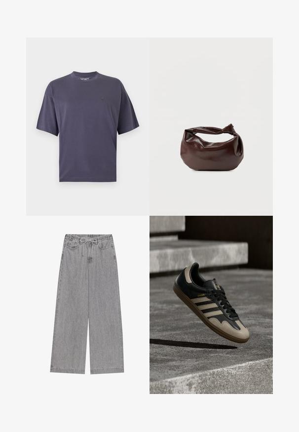 Schlichtes dunkelgraues T-Shirt mit kurzen Ärmeln und Rundhalsausschnitt, mit kleinem dezentem Logo auf der linken Brust und legerer Passform.; Graue weite Jeanshose mit elastischem Bund und Kordelzug, zwei vorderen Taschen und geradem Bein. ; Schwarzer und beiger Ledersneaker mit drei weißen Streifen, tannengrüner Gummisohle und goldener "Samba"-Detailierung an der Seite.; Dunkelbraune Lederschultertasche mit weicher, lockerer Form und einem gedrehten Knotengriff vor schlichtem weißem Hintergrund.