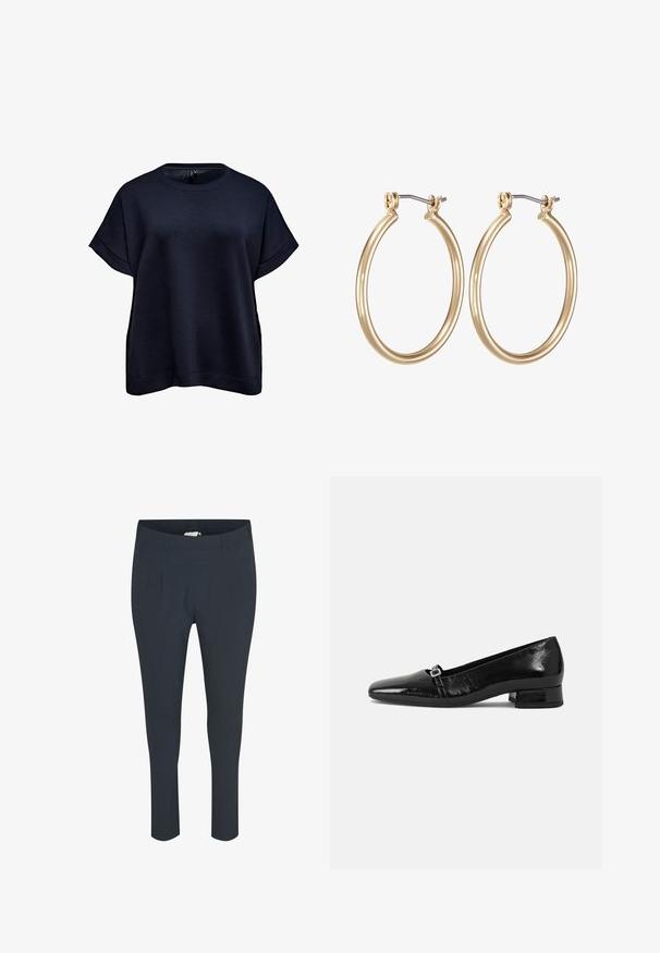 Sudadera de color azul marino oscuro de manga corta con puños doblados y cuello redondo, mostrada sobre un fondo blanco.; Pantalones de color azul marino, ajustados, con una textura suave, que presentan pliegues en la parte delantera y una cinturilla elástica para mayor comodidad.; Bailarinas de charol negro con punta afilada, tacón cuadrado bajo y un pequeño detalle de hebilla metálica en la correa. Textura suave.; Pendientes de aro de metal en tono dorado con un diseño circular y suave, y un cierre de bisagra seguro. Ligeros y con un acabado pulido.