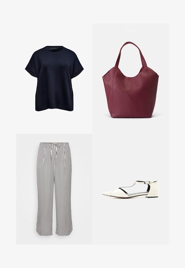 Sudadera de color azul marino oscuro de manga corta con puños doblados y cuello redondo, mostrada sobre un fondo blanco.; Pantalones cortos con cintura elástica, con rayas verticales en navy y blanco, presentados sobre un fondo blanco liso.; Zapato plano blanco de punta puntiaguda con tira en T y hebilla en el tobillo, tacón bajo y lados recortados, exhibido sobre un fondo neutro.; Bolso de mano de cuero burdeos con dos asas resistentes, con una textura suave y un diseño afinado con detalles de costura en la parte frontal.