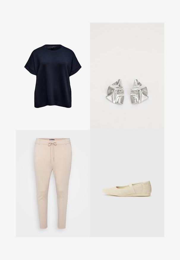 Mørk marineblå kortærmet sweatshirt med op rullede manchetter og rund halsudskæring, vist mod en hvid baggrund.; Beige letvægts joggerbukser med snoretræk i taljen og to sidelommer. Glat tekstur, tapered ben og minimalt sømadetail.; Lysebrune ballet flats med en glat læderoverflade, mandelformet tå og elastisk rem over vristen, med diskrete syninger.; Sølvmetal øreringe med et bølgende, skulpturelt design, der har en poleret overflade og uregelmæssige former, hvilket fremhæver en moderne æstetik.