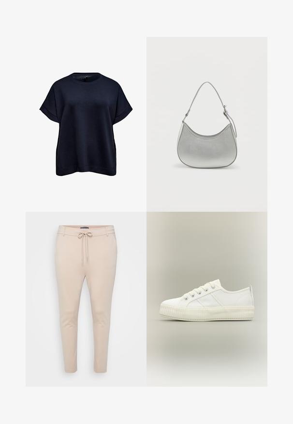 Mørk marineblå kortærmet sweatshirt med op rullede manchetter og rund halsudskæring, vist mod en hvid baggrund.; Beige letvægts joggerbukser med snoretræk i taljen og to sidelommer. Glat tekstur, tapered ben og minimalt sømadetail.; Hvid lavtop sneaker med tyk ribbet sål, snørelukning foran og trækflap på hælen mod en neutral baggrund.; Sølv faux læder håndtaske med en buet form, kort justerbar strop og glat overflade, præget af minimal syning.