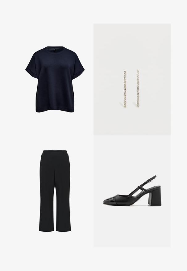 Sweat-shirt court à manches courtes bleu marine foncé avec des revers roulés et un col rond, présenté sur un fond blanc.; Pantalons en tissu extensible noir à jambe large, dotés d'une taille élastique pour le confort et sans fermetures ni poches visibles.; Escarpin en cuir verni noir à talon bloc avec un bout pointu et une bride réglable. Texture lisse et design minimaliste.; Boucles d'oreilles linéaires en ton argent, ornées de petits cristaux clairs disposés en ligne verticale, soulignant leur design épuré et minimaliste.