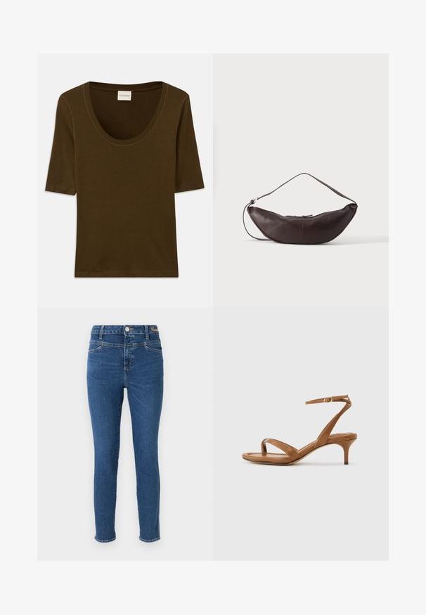 Bruine kortding shirt van zachte stof met een ronde halslijn en een eenvoudig, strak ontwerp. Geen patronen of extra details.; Skinny jeans in donkerblauwe denim, met vijf zakken, een knoopsluiting en contrasterende stiksels. Glad textuur met minimale vervaging.; Bruine leren sandaal met bandjes, een lage kittenhak en een enkelriempje met een kleine gesp, zijaanzicht tegen een effen achtergrond.; Donkerbruine leren schoudertas in halve maan vorm met een gebogen band en zichtbare stiksels op een effen achtergrond.
