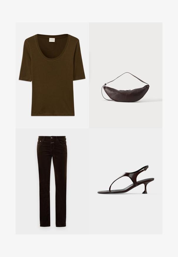 Chemise marron à manches courtes en tissu doux, avec un col arrondi et un design simple et épuré. Aucun motif ni détail supplémentaire.; Pantalon en velours côtelé marron avec une coupe droite, doté d'une fermeture à bouton, de deux poches avant et d'un tissu doux au toucher.; Sandale slingback en cuir verni marron foncé avec petit talon et bride entre les orteils sur fond blanc.; Sac d'épaule en cuir marron foncé en forme de croissant avec une lanière courbée et des coutures visibles sur fond uni.