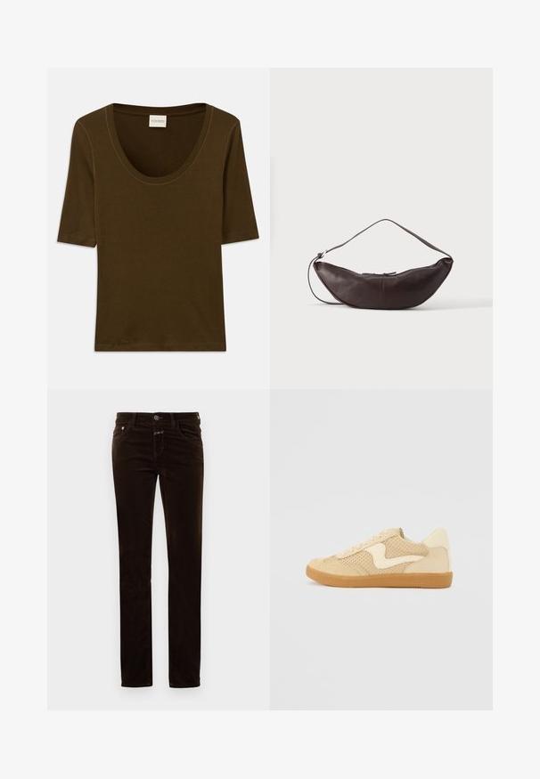 Chemise marron à manches courtes en tissu doux, avec un col arrondi et un design simple et épuré. Aucun motif ni détail supplémentaire.; Pantalon en velours côtelé marron avec une coupe droite, doté d'une fermeture à bouton, de deux poches avant et d'un tissu doux au toucher.; Sneaker beige avec des matériaux en daim et en maille, forme arrondie, col rembourré proéminent et semelle en caoutchouc gomme. Présente un accent de design en forme de vague.; Sac d'épaule en cuir marron foncé en forme de croissant avec une lanière courbée et des coutures visibles sur fond uni.