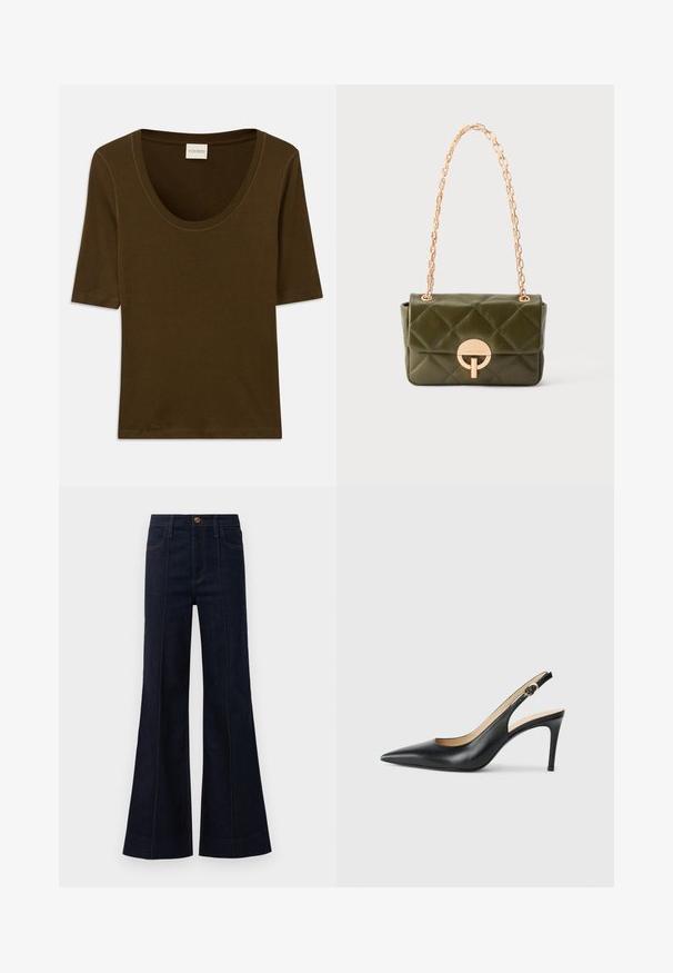 Chemise marron à manches courtes en tissu doux, avec un col arrondi et un design simple et épuré. Aucun motif ni détail supplémentaire.; Jean flare en denim bleu foncé avec une taille haute, des poches avant et des coutures visibles. Le tissu a une texture lisse et une forme structurée.; Escarpins en cuir noir avec une pointe fine, une bride ajustable et un talon aiguille élégant, présentant une finition lisse.; Petit sac à main en cuir vert olive matelassé avec anse chaîne dorée et fermoir circulaire doré sur le rabat avant.