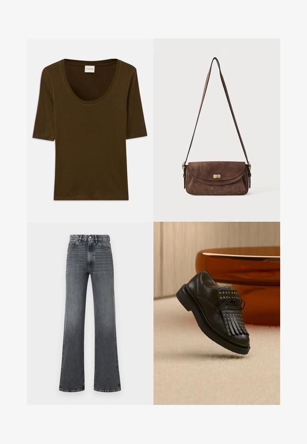 Bruine kortding shirt van zachte stof met een ronde halslijn en een eenvoudig, strak ontwerp. Geen patronen of extra details.; Grijze denim flared jeans met een hoge taille, vijf zakken, knoopsluiting en subtiele textuurverloop van boven naar beneden.; Zwarte lederen veterlaars met decoratieve franjes en metalen studs geplaatst op een beige tapijt nabij bruin meubilair.; Bruine suède schoudertas met een lange verstelbare band en een gouden draaisluiting op de voorflap.