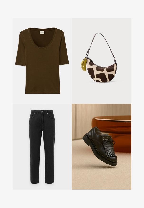 Chemise marron à manches courtes en tissu doux, avec un col arrondi et un design simple et épuré. Aucun motif ni détail supplémentaire.; Jean en denim noir avec une coupe droite, style à cinq poches standard et une fermeture à boutons. Présente des détails de couture subtils.; Chaussure en cuir noire à lacets avec franges décoratives et clous métalliques posée sur un tapis beige près d'un meuble marron.; Petit sac à main en forme de croissant avec motif girafe marron et beige, fine sangle sombre et petite pochette jaune attachée.