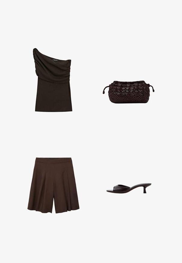 Zwarte, asymmetrische top met geplooide details en een gedrapeerde halslijn, met een Massimo Dutti-label aan de binnenkant van de kraag.; Bruine geplooide shorts met een hoge taille. De stof lijkt glad en lichtgewicht, met diepe, scherpe plooien voor een vloeiende uitstraling.; Zwarte muil met open teen, lage gebogen hak en een glad leren bovenzijde tegen een witte achtergrond.; Donkerbruine gevlochten clutch met gevlochten structuur en koordsluiting aan beide zijden tegen een witte achtergrond.
