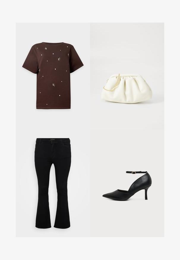 T-shirt marron à manches courtes avec de petits points blancs et des motifs ressemblant à des abeilles éparpillés sur le devant et les manches.; Jean évasé noir en denim, doté d'une fermeture à bouton, de cinq poches et d'une texture lisse. Design classique avec un ourlet évasé.; Chaussure en cuir noir à bout pointu avec talon kitten, bride à la cheville et boucle dorée sur fond neutre.; Sac à main en cuir blanc avec un design plissé, doté d'une bandoulière en chaîne dorée et d'une forme arrondie. Texture lisse avec des plis doux et sans motifs.