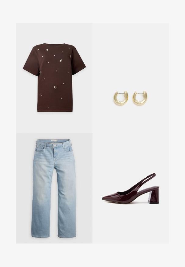 Bruine T-shirt met korte mouwen met kleine witte stippen en bijachtige patronen verspreid over de voorkant en mouwen.; Lichtblauwe wijde jeans van denim. Heeft een hoge taille, vijf zakken en contrasterende stiksels. Gladde textuur met een vervaagde afwerking.; Glanzende donker bordeaux slingback pump met puntige neus en blokhak, gezien vanaf de zijkant op een witte achtergrond.; Gouden hoepeloorbellen met een gladde, gepolijste afwerking. Beschikken over een halve cirkelvorm en een veilige postsluiting.