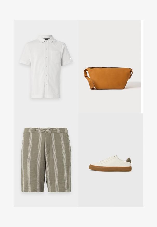 Kurzärmliges weißes Poloshirt mit Knopfleiste, kleiner Tasche, strukturiertem Stoff und einem dezenten Muster.; Grüne Shorts aus strukturiertem Stoff mit vertikalen weißen Streifen, einem verstellbaren Kordelzugbund und schrägen Seitentaschen.; Weiße Leder-Sneaker mit abgerundetem Zehenbereich, Gummisohle in Kautschukoptik und olivgrünem Fersenakzent. Besitzt eine Schnürung und minimales Nähen.; Hellbraune Leder-Umhängetasche mit verstellbarem Schulterriemen und Reißverschluss, vor einem schlichten hellen Hintergrund gezeigt.