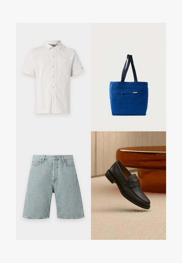 Kurzärmliges weißes Poloshirt mit Knopfleiste, kleiner Tasche, strukturiertem Stoff und einem dezenten Muster.; Hellblaue Jeans-Shorts mit lässiger Passform, fünf Taschen und Knopfverschluss. Abgeriebene Textur mit sichtbaren Nähten.; Schwarzer Leder-Herrenloafer mit einem Band über dem Spann, auf beigem Teppich neben einem braunen modernen runden Tisch präsentiert.; Blaue Canvas-Einkaufstasche mit einer vorderen Reißverschlusstasche, doppelten Schulterriemen und rechteckiger Form. Verfügt über ein dezentes Markenlabel.