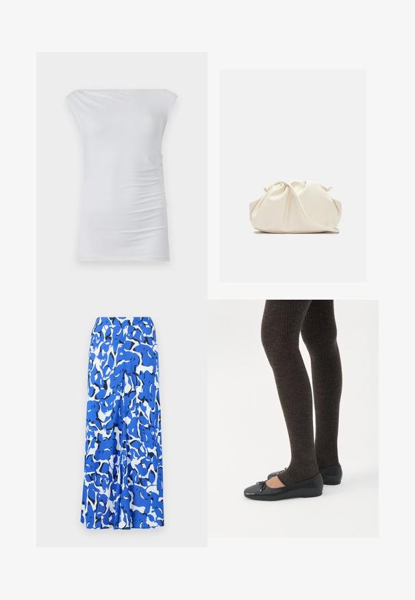 Hvid off-the-shoulder top lavet af blødt stof; har et tætsiddende design med diskret side-frynse og glat tekstur.; Lang skørt med et blå- og hvidt abstrakt mønster, letvægtsstof, bredt taljebånd og en lige silhuet med sideåbninger.; Ben iført mørke ribbede leggings kombineret med sorte balletsko med små sløjfedetaljer på hvid baggrund.; Blød, cremefarvet læder clutch taske med samlet, rynket design og en tynd skulderrem, der hviler foran på en ensfarvet baggrund.