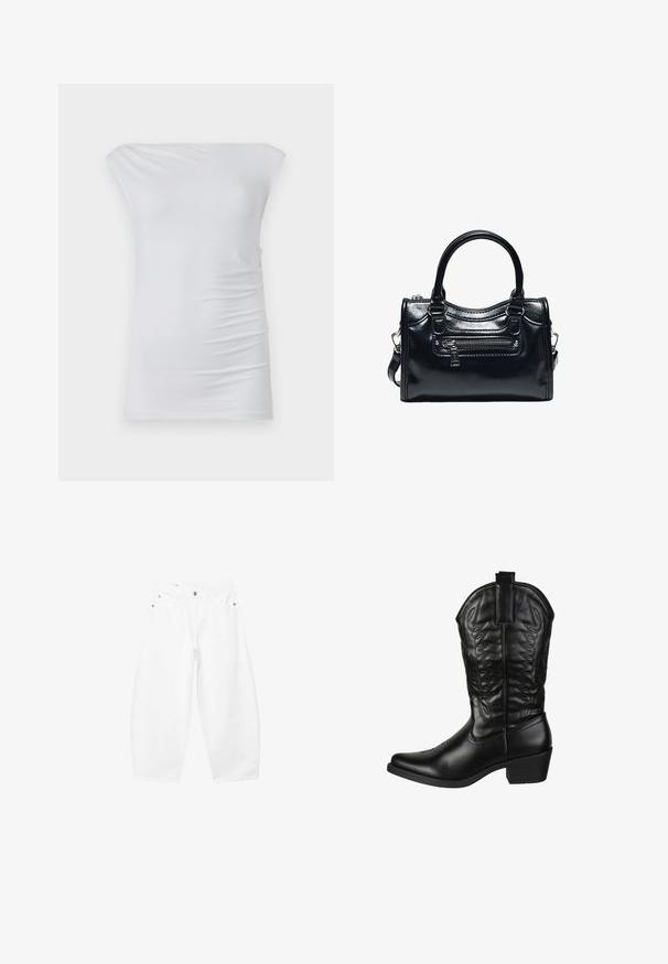 Hvid off-the-shoulder top lavet af blødt stof; har et tætsiddende design med diskret side-frynse og glat tekstur.; Hvide jeans med vide ben, forudsat med forreste knapper og lynlås, bæltestropper samt lommer i siderne og foran, vist på en ensfarvet baggrund.; Elara Cowboy- / bikerstøvler - schwarz; Sort skinnende læderhåndtaske med to håndtag, lynlåslomme foran og aftagelig skulderrem på hvid baggrund.