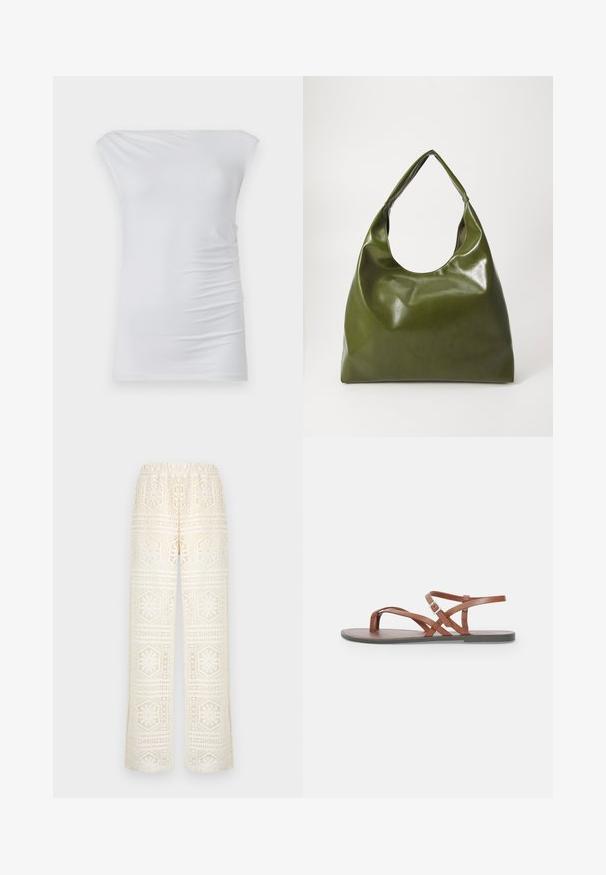Top blanco de hombros al descubierto hecho de una tela suave; presenta un diseño ajustado con sutil fruncido lateral y textura lisa.; Pantalones anchos de encaje blanco con patrones recortados geométricos y florales, cintura elástica y tejido semitransparente.; Sandalias planas de cuero marrón con correas entrelazadas, diseño de punta abierta y una correa en el tobillo con hebilla. Textura suave y estilo minimalista.; Bolsa hobo verde de cuero con un diseño suave, asa curvada y textura lisa. No contiene hardware visible ni acentos.