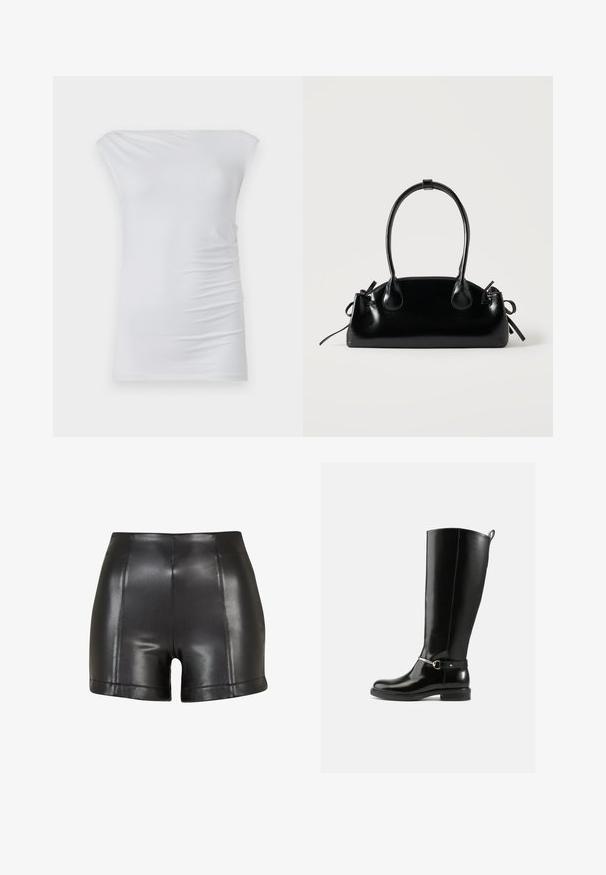 White off-the-shoulder top made from soft fabric; features a fitted design with subtle side ruching and smooth texture.; Black faux leather high-waist shorts with visible vertical and horizontal stitching on a white background.; Black knee-high boots made of glossy leather, featuring a silver buckle detail on the ankle and a rounded toe design. Flat sole.; Small black glossy handbag with two long handles and side drawstring details on a plain light background.