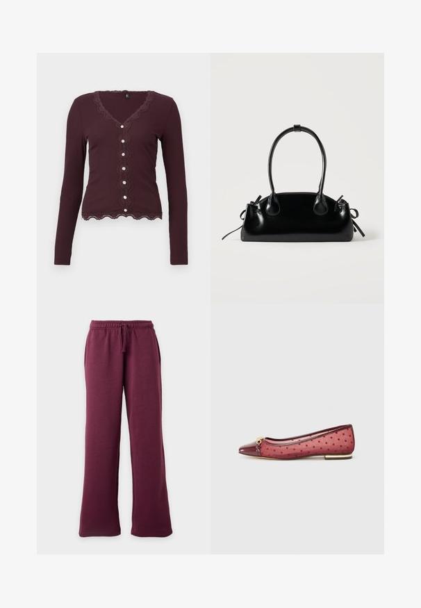 Bordeaux langærmet cardigan med blonder, der har en scalloped halsudskæring og fem knapper foran. Blød ribbet tekstur.; Vinrøde sweatpants med vide ben, elastisk linning og snor, forlommer, vist mod en ensfarvet lys baggrund.; Balletsko med en blank bordeaux farvet tå og kant, med en gennemsigtig mesh-overdel med prikker, flad hæl og detaljer i gyldent metal.; Lille sort blank håndtaske med to lange håndtag og snøre-detaljer i siden på en ensfarvet lys baggrund.