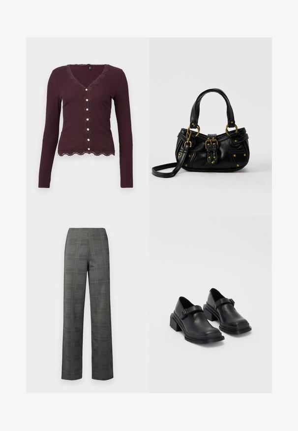 Bordeaux lange mouw cardigan met kantafwerking, voorzien van een geschulpte halslijn en vijf knopen aan de voorkant. Zachte geribbelde textuur.; Geklede broek in een ruitpatroon met een grijze basis, voorzien van zwart-witte checks, een hoge taille en een rechte pijp. Soepele textuur.; Zwarte leren schoenen met een ronde neus, platte zool en een band met een gespdetail. Stevige blokhak voor extra stabiliteit.; Zwarte leren handtas met gouden gesp en klinknagel details, korte handvatten en een verstelbare schouderriem op een effen witte achtergrond.