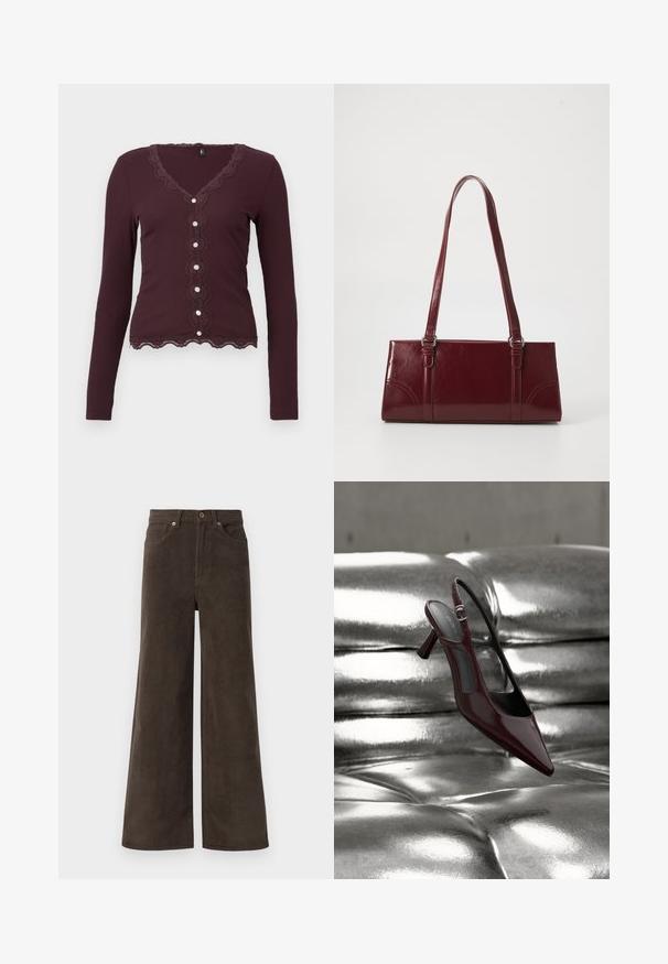 Bordeaux lange mouw cardigan met kantafwerking, voorzien van een geschulpte halslijn en vijf knopen aan de voorkant. Zachte geribbelde textuur.; Donkerbruine wijde corduroy broek met voorzakken, riemlussen en een knoopsluiting in de taille.; Glanzende donkerrode slingback pumps met hoge hak en puntige neus, gepresenteerd op een glanzend zilveren, getuft leren oppervlak.; Bourgondische handtas van glanzend materiaal, rechthoekige vorm, met twee schouderbanden en subtiele gebogen accenten aan de voorkant.