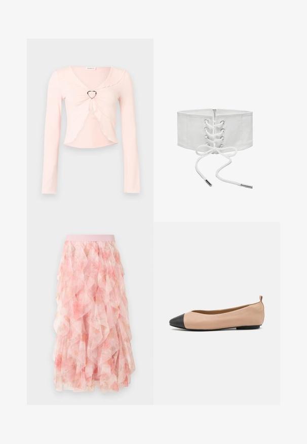 Svetloružový crop top s dlhým rukávom, ozdobený vlnkovanými okrajmi a detailom v podobe srdcového kovového krúžku uprostred prednej strany.; Ružová midi sukňa zo sieťoviny s kvetinovým vzorom a elastickým pásom, zdobená jemnými volánmi.; Kožené balerínky s telovou farbou a čiernym špičkovým detailom. Majú minimalistický dizajn, hladkú textúru a malý zadný pútko pre jednoduché obutie.; Široký biely korzetový opasok s predným šnurovaním, kovovými očkami a zapínaním na zips, zobrazený na jednoduchom bielom pozadí.