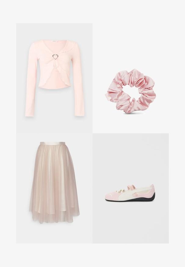 Lichtroze crop top met lange mouwen, geschulpte randen en een metalen ring in de vorm van een hartje middenvoor.; Ida Sjöstedt FLAWLESS SKIRT - A-lijn rok - warm beige; Roze suede instapper met witte accenten, rubberen zool en elastische bandjes. Kenmerkt zich door een gestructureerd ontwerp en een klein logo aan de voorkant.; Roze satijnen scrunchie met een gladde textuur, met een gatheringdesign en een klein label met het merklogo. Cirkelvormig voor haarstyling.