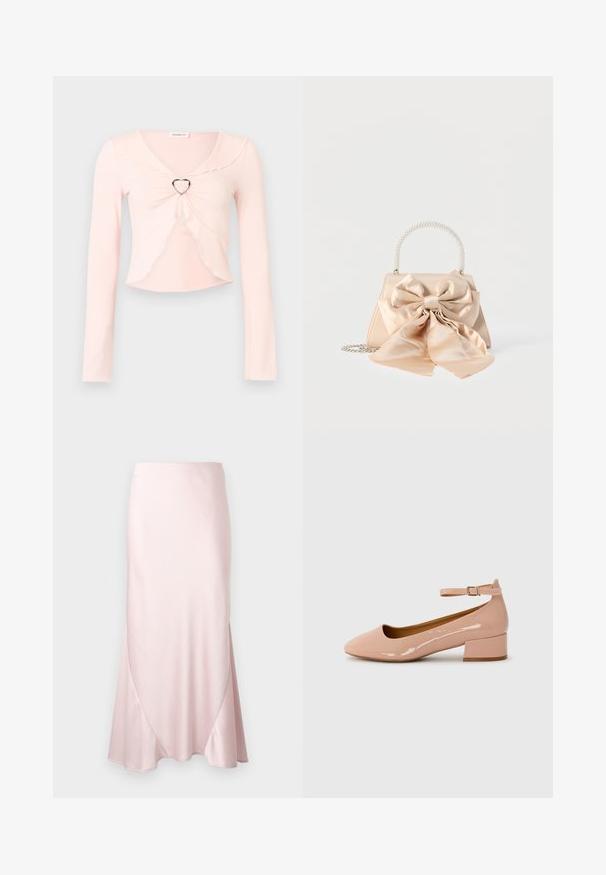 Haut court à manches longues rose clair avec bords festonnés et détail en anneau métallique en forme de cœur au centre devant.; Jupe midi en satin rose clair avec une silhouette évasée en A et des détails subtils de coutures diagonales sur un fond uni.; Chaussure plate en cuir verni rose avec un bout arrondi, une bride à la cheville et un petit talon carré. Texture lisse et design minimaliste.; Sac à main en satin beige avec un grand nœud décoratif assorti, une poignée ornée de perles et une bandoulière en chaîne argentée sur fond blanc.