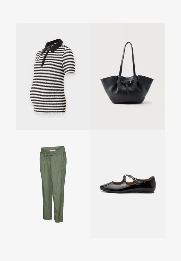 Chemise polo à rayures noir et blanc à manches courtes, avec un col noir et une fermeture à boutons, conçue pour le port pendant la grossesse.; Pantalon léger de couleur vert olive avec une coupe décontractée. Caractérisé par une taille élastique avec cordon de serrage, des ourlets retroussés et des poches latérales.; Chaussure plate Mary Jane en cuir verni noir avec deux découpes et une bride à boucle dorée sur fond blanc.; Sac cabas en cuir noir avec longues poignées et une lanière avant ornée d'une petite boucle dorée, sur fond uni.