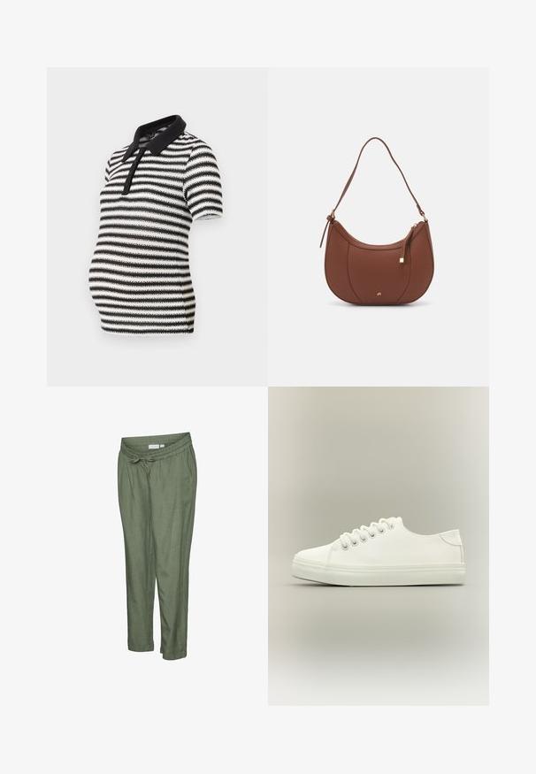Chemise polo à rayures noir et blanc à manches courtes, avec un col noir et une fermeture à boutons, conçue pour le port pendant la grossesse.; Pantalon léger de couleur vert olive avec une coupe décontractée. Caractérisé par une taille élastique avec cordon de serrage, des ourlets retroussés et des poches latérales.; Baskets basses blanches avec lacets blancs et semelle en caoutchouc, vues de côté sur un fond neutre.; Sac à épaule en faux cuir brun, de forme arrondie, avec des coutures minimales et un accent en matériel doré. Il possède une fermeture zippée sur le dessus et une sangle réglable.