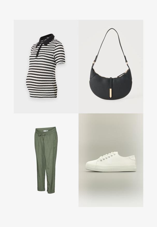 Chemise polo à rayures noir et blanc à manches courtes, avec un col noir et une fermeture à boutons, conçue pour le port pendant la grossesse.; Pantalon léger de couleur vert olive avec une coupe décontractée. Caractérisé par une taille élastique avec cordon de serrage, des ourlets retroussés et des poches latérales.; Baskets basses blanches avec lacets blancs et semelle en caoutchouc, vues de côté sur un fond neutre.; Sac à main noir en forme de croissant avec une bandoulière unique, une fermeture éclair dorée et une languette décorative rectangulaire dorée à l'avant.