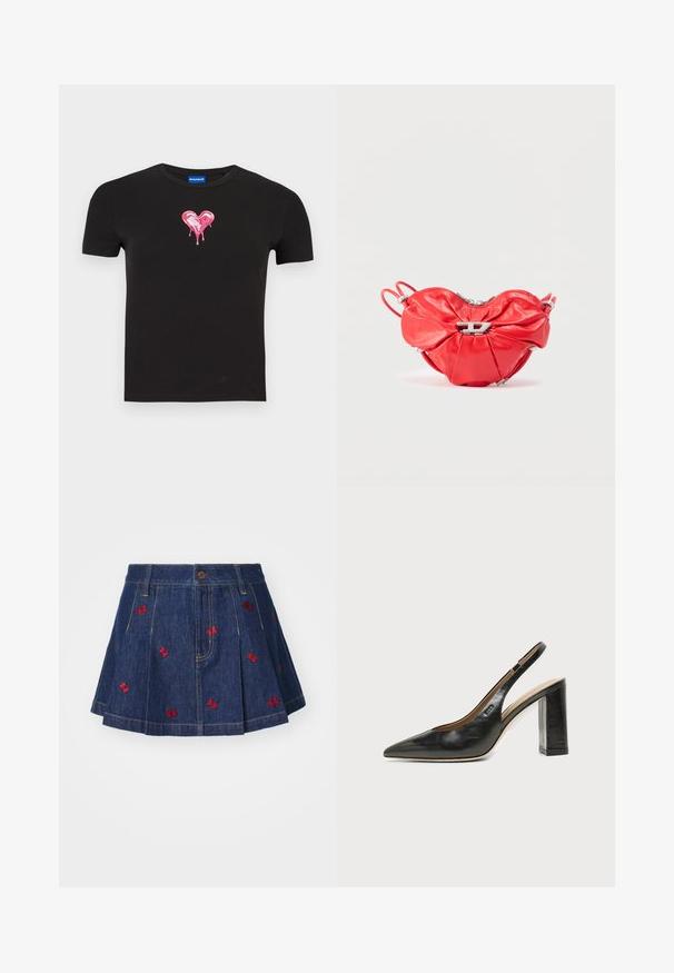 Camiseta negra de algodón con mangas cortas que presenta un gran gráfico de un corazón rosa brillante con gotas cayendo desde el centro.; Falda de mezclilla con pliegues y un lavado oscuro, con detalles de mariposas bordadas en rojo y un clásico diseño de cinco bolsillos con cierre de botón frontal.; Zapato slingback de piel negra con puntera puntiaguda, tacón alto y ancho, y forro interior beige sobre un fondo claro y liso.; Bolso de mano de cuero rojo con forma de corazón, diseño fruncido, cremallera plateada y un destacado logo metálico en la parte frontal.