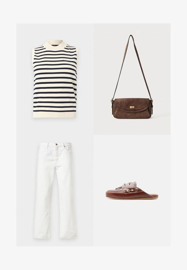 Haut sans manches crème avec des rayures horizontales noires, col rond haut et bord-côtes, présenté sur un fond blanc.; Jeans en denim blanc avec une coupe droite, dotés d'une fermeture à bouton et d'un style à cinq poches. Texture lisse et détails minimaux.; Mocassin à enfiler en cuir marron avec couture moc toe, œillets dorés et détail de lacet décoratif sur le côté, semelle plate, profil latéral.; Sac bandoulière en daim marron avec une longue sangle réglable et une fermeture à tour dorée sur le rabat avant.