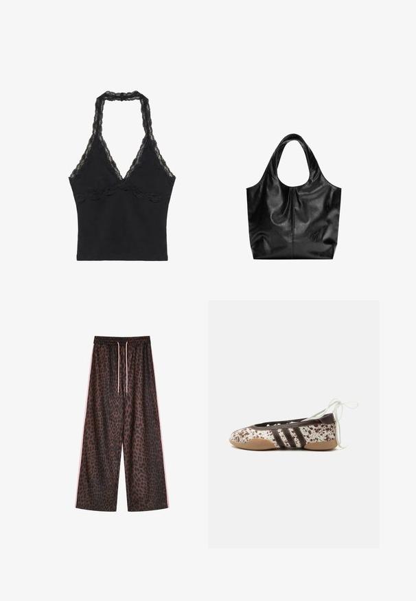 Camisole noire à col halter avec bordure en dentelle le long de l'encolure et sous la poitrine, ajustée avec un design avant en forme de V.; Pantalon marron à jambes larges avec imprimé léopard noir, taille élastique, bandes latérales roses et cordons roses à la taille.; Chaussure de ballet plate avec un motif tacheté marron et blanc, trois bandes foncées sur le côté, semelle marron clair et lacets blancs à nouer à la cheville.; Sac fourre-tout en cuir noir avec une texture lisse, un haut arrondi doux et de larges poignées. Présente une couture minimale et une silhouette décontractée.