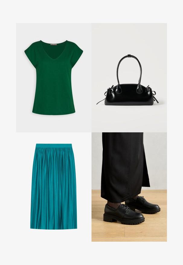 T-shirt vert à manches courtes avec un décolleté en V, fabriqué en coton doux, présentant des lignes épurées et une coupe décontractée.; Jupe plissée turquoise avec une taille élastique, en tissu brillant avec des rayures verticales, design juste au-dessus du genou, texture lisse.; Chaussures en cuir noir avec un bout arrondi, une semelle en caoutchouc épaisse et des lacets. Le design présente des coutures décoratives le long de la tige.; Petit sac à main noir brillant avec deux longues anses et des détails à cordon sur les côtés sur un fond clair uni.