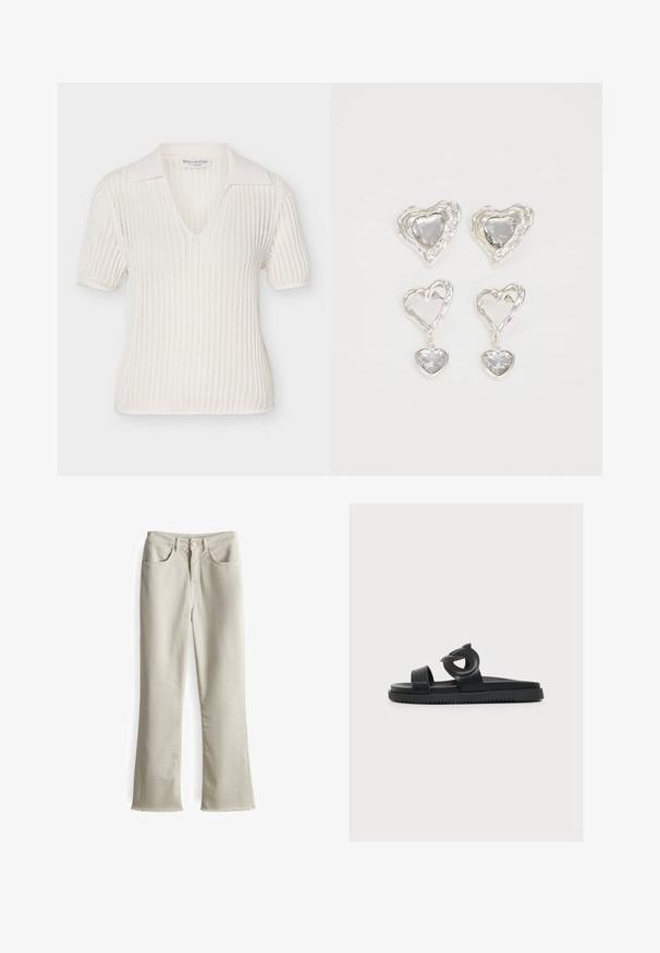 Wit gebreid poloshirt met korte mouw, open geweven patroon en kraag van het merk Marc O'Polo.; Beige, hoog getailleerde flared jeans met een gladde textuur, vijf-pocket ontwerp en rafelige zomen aan de onderkant, gemaakt van katoen.; Zwarte platte slidesandaal met een dikke zool en twee brede banden, waarvan één een knoopdetail bovenop heeft.; Zilveren hartvormige oorbellen hebben facetteerbare heldere stenen en een textuurframe. De set bevat stud- en hangende stijlen.
