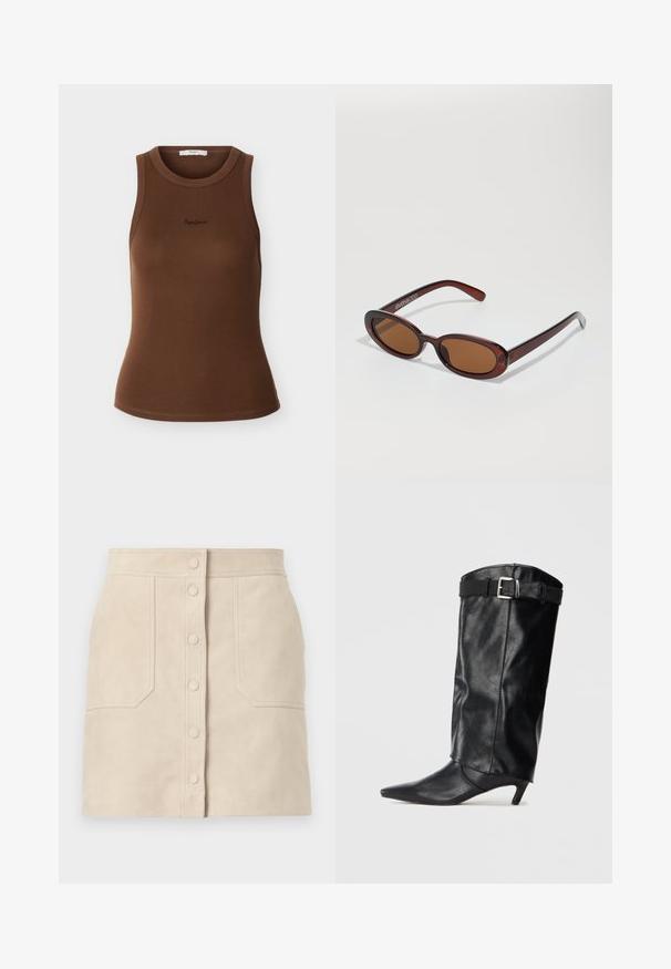 Débardeur marron côtelé sans manches avec encolure ronde et petit logo noir brodé au centre devant.; Mini-jupe en daim beige avec boutons-pression à l'avant et deux grandes poches frontales, coupe droite et détails cousus.; Botte noire en cuir, montante jusqu'au genou, avec un bout pointu et un petit talon. Présente une ceinture en haut avec une boucle en métal argenté. Texture lisse.; Lunettes de soleil rondes teinte brun avec une monture bordeaux brillante. Branches fines avec un détail de marque subtil. Design de verres plats.