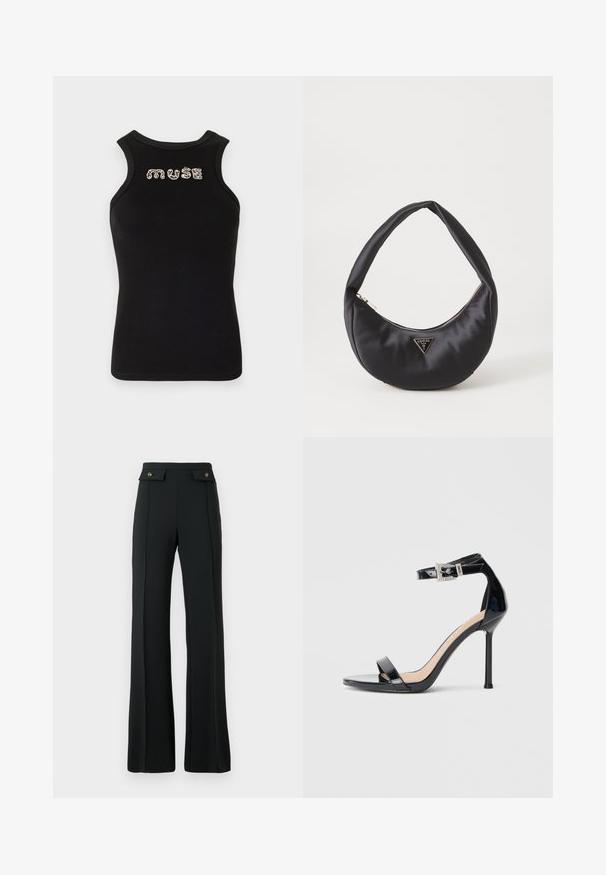 Top sin mangas negro con textura acanalada y escote redondeado, que presenta la palabra "musa" en strass plateados en el pecho.; Pantalones de tiro alto de campana negros con detalles de costura frontal y dos bolsillos con tapeta y botones dorados en la cintura.; Sandalia de tacón alto en piel sintética negra con correa en el tobillo. Presenta un diseño minimalista, punta abierta y una hebilla con detalles de pedrería.; Bolso de satén negro con forma curva, que cuenta con un cierre de cremallera y un logo triangular en metal en la parte delantera. Textura suave y diseño elegante.