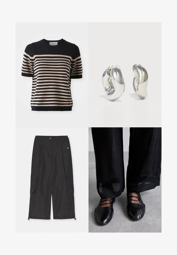 Gestreiftes Kurzarm-Strickoberteil aus einem weichen Material; mit marineblauen und beigen Streifen, Rundhalsausschnitt und geripptem Saum.; Schwarze Cargo-Hosen aus leichtem Stoff mit Seitentaschen, einem verstellbaren Kordelzug am Saum und einem Knopfverschluss.; MIISTA AVERIE - Riemchenballerina - black; Silberne skulpturale Ohrringe mit glatten, geschwungenen Formen und reflektierenden Oberflächen. Sie verfügen über ein geschlossenes Ringdesign und eine ausgeprägte organische Form.