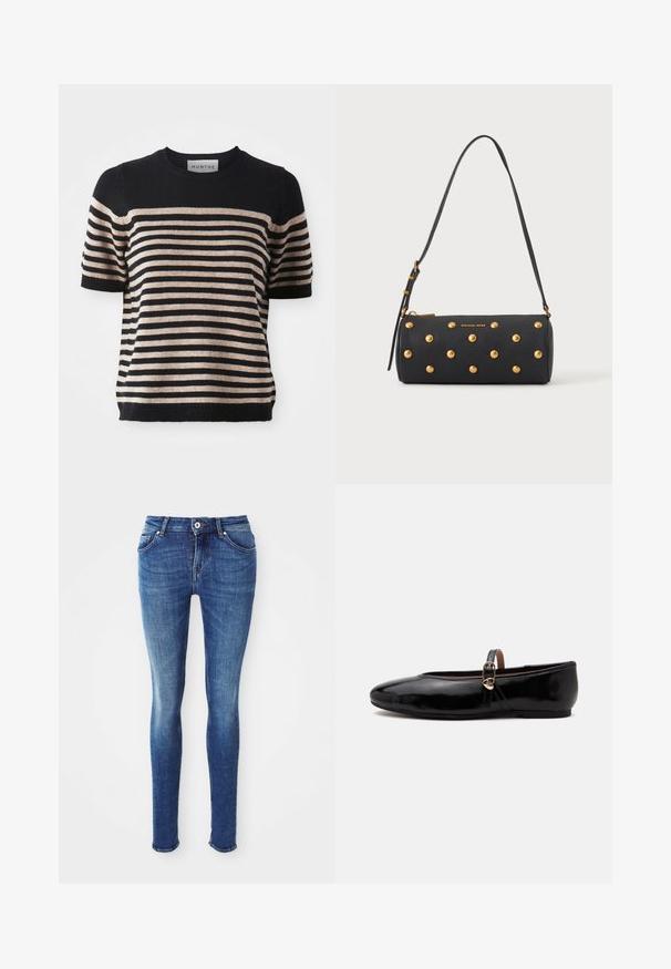 Gestreepte kortemouwen trui gemaakt van een zachte stof; heeft marineblauwe en beige strepen, een ronde halslijn en een ribgebreide zoom.; Blauwe denim skinny jeans met een zachte textuur, een middelhoge taille, vijf zakken en lichte vervaging op de bovenbenen. Voorzien van een metalen knoop en een ritssluiting.; Zwarte glanzende platte schoen met een dunne enkelriem en kleine gouden hartvormige gesp op een effen lichte achtergrond.; Zwarte cilindervormige handtas met gouden studs en een verstelbare schouderriem, met het "Michael Kors"-logo in goud op de voorkant.