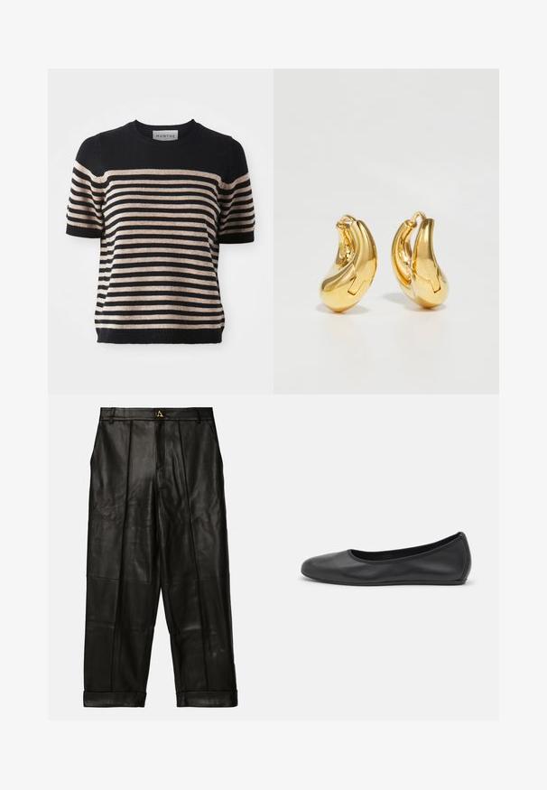 Stripet kortærmet sweater lavet af et blødt materiale; har marineblå og beige striber, rund halsudsigt og ribbet kant.; AERON ZIMA PANTS - Skindbukser - black; Sort læderballetsko med rund tå, glat tekstur, minimal syning og et fleksibelt såldesign.; Guldringeøreringe med en glat, buet form og poleret overflade. Udstyret med en lukkeanordning og lette fordybninger for detaljer.