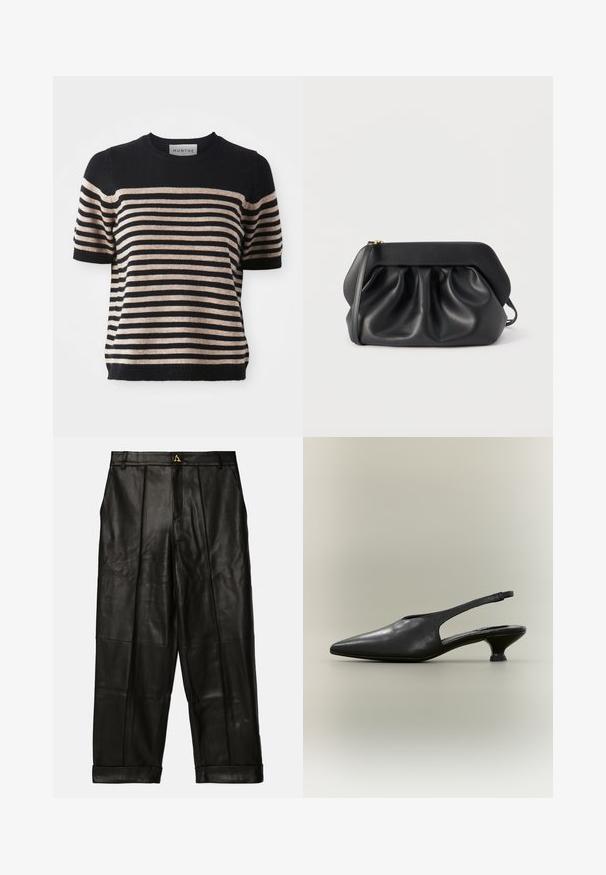 Stripet kortærmet sweater lavet af et blødt materiale; har marineblå og beige striber, rund halsudsigt og ribbet kant.; AERON ZIMA PANTS - Skindbukser - black; Sort læder slingback-sko med spids tå og lav kittenhæl på neutral baggrund.; Sort læderclutch med struktureret ramme, rynkedetaljer og en slank håndledsrem på hvid baggrund.