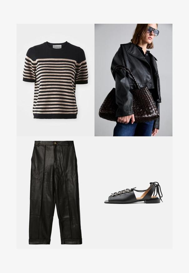 Stripet kortærmet sweater lavet af et blødt materiale; har marineblå og beige striber, rund halsudsigt og ribbet kant.; AERON ZIMA PANTS - Skindbukser - black; Sort læder åben-tå flad sandal med sølvperle detaljer og snørestropper omkring anklen på en lysegrå baggrund.; DRAGON DIFFUSION SANTA CROCE BIG - Håndtasker - dark brown