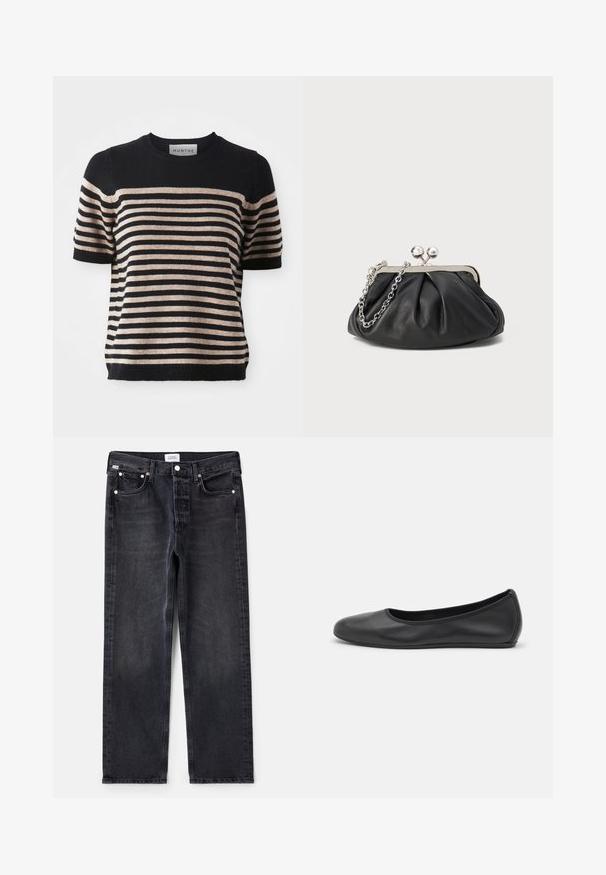 Stripet kortærmet sweater lavet af et blødt materiale; har marineblå og beige striber, rund halsudsigt og ribbet kant.; Sorte denimjeans med lige pasform, fem lommer, sølvhardware og en let falmet tekstur. Klassisk design med minimal detaljering.; Sort læderballetsko med rund tå, glat tekstur, minimal syning og et fleksibelt såldesign.; Sort læder clutch med samlet tekstur, sølvfarvet metalramme, kys-lås lukning og kædestrop. Glat, blød overflade.